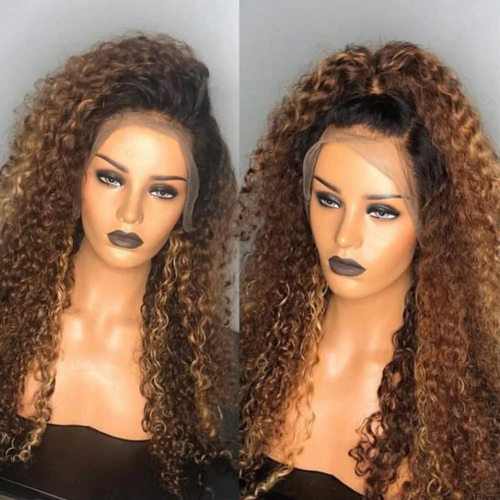 Honey Blonde Highlight Tight Curly Human Hair Lace Front Wigs Preplucked Frontal Remy For Black Women | Шиньоны и парики