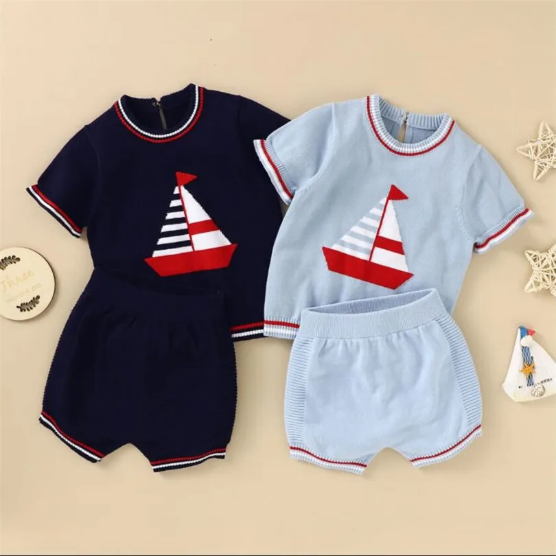 

Knitted Baby Clothes Newborn Spring Summer Baby Boys Clothes Set Sailor Infant Toddler Baby Outfits For Boy T-Shirt + Pants 2Pcs