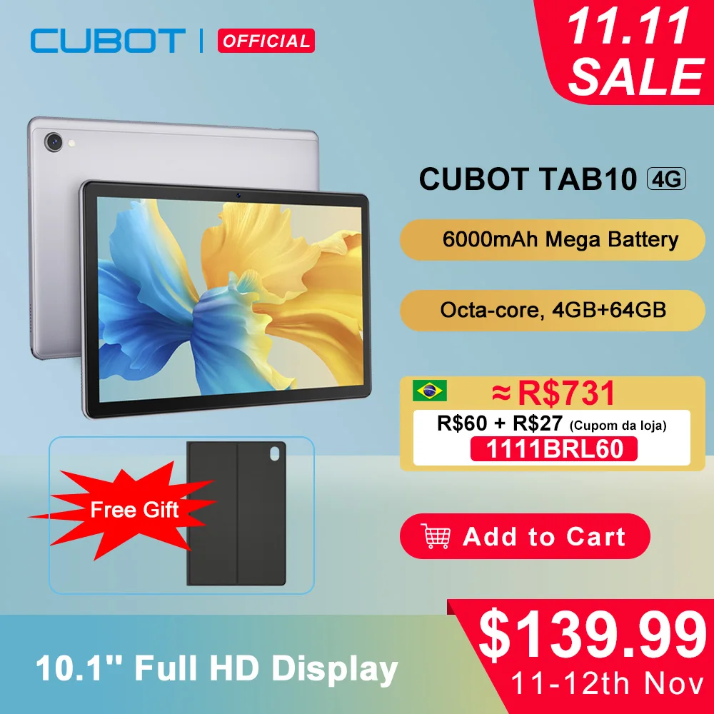 Cubot TAB 10, планшет Android 11, восьмиядерный процессор, планшет 10 дюймов FHD+ дисплей,6000мАч, 4ГБ+64ГБ(поддержка до 128 ГБ расширенной), сеть 4G, 13МП камера,планшеты недорогие,планшетный компьютер,Face ID,Tablet