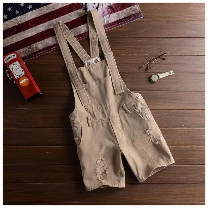 2021 Summer Fashion Men's Shorts Bib Overall Jeans Short Male Casual Ripped Denim Jumpsuits Jeans Shorts Pants Khaki White Black