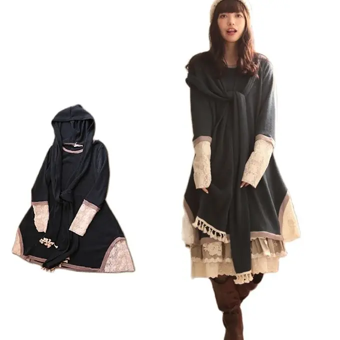 Японская толстовка с шарфом из двух частей кружевное льняное хлопковое вязаное