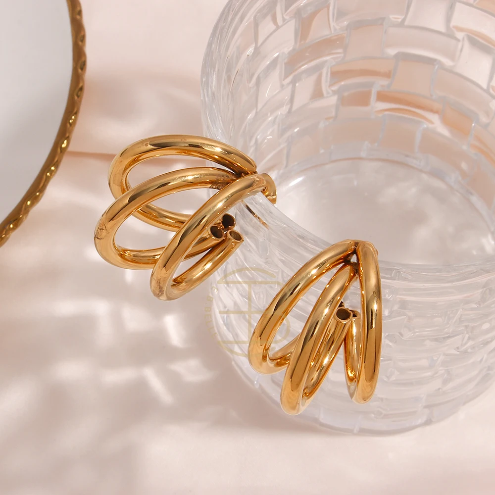 

2021 Stainless Steel Earrings for Women 3 Layer Semicircular Twist Smooth Cross Geometric Hoops Golden Jewelry Female Wholesale