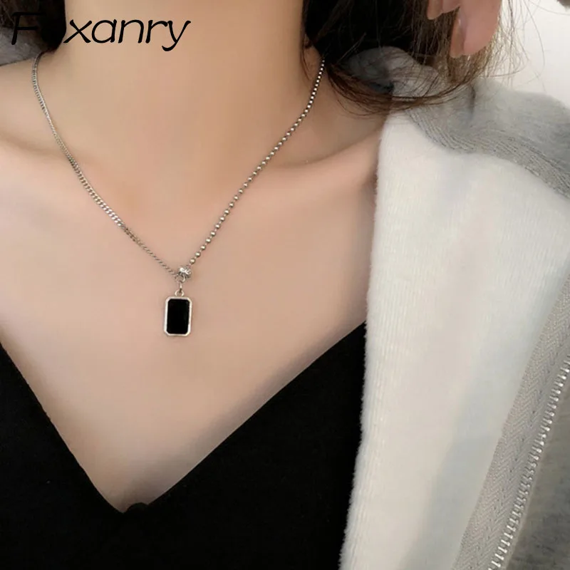 

FOXANRY Silver Color Splicing Chain Necklace New Fashion Vintage Simple Black Geometric Pendant Party Jewelry Wholesale
