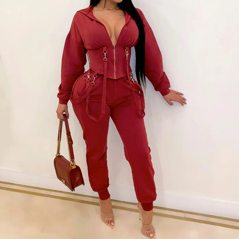 

Women's Fashion Two Piece Set Spring Autumn Female Zipper Top and Pants Suit Sexy Bandage Jogger Set Woman Solid Color Tracksuit