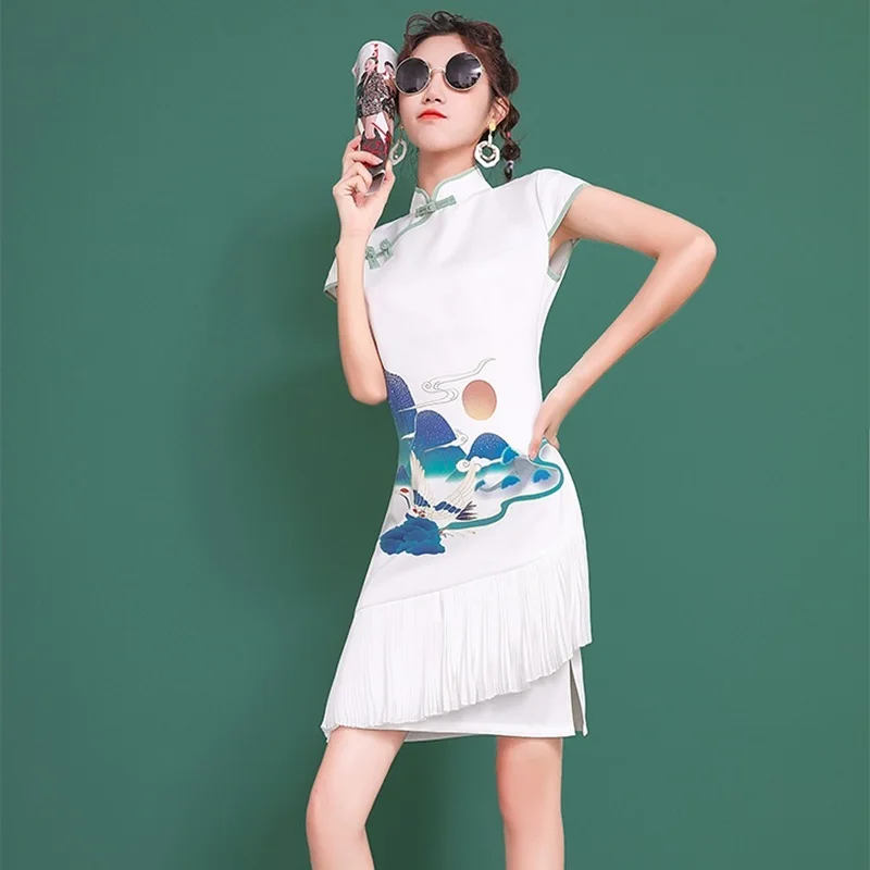 Женское платье Чонсам с коротким рукавом черное Восточное традиционное