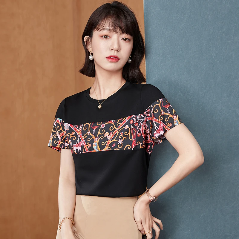 

2021 Summer New Short-sleeved Printed T-shirt Women Loose Round Neck Printed Chiffon Stitching Top Chiffon GL208