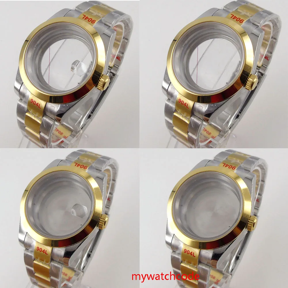 Caixa de Relógio para Nh35 Ouro Amarelo Polido Miyota Movimento Automático Vidro Safira Ostra Pulseira 8215