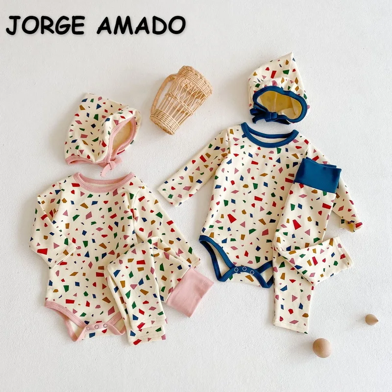 Monos con estampado de pol&iacute;gono para ni&ntilde;as, mono de manga larga con cuello redondo, pantalones y gorro, ropa para beb&eacute;s de 0 a 3 a&ntilde;os, E6092, novedad de Oto&ntilde;o de 2021-0