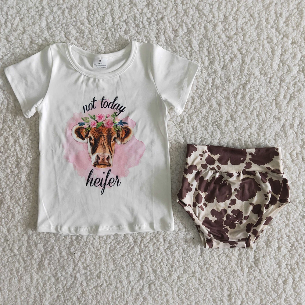 Girl Clothing White Bull Head T-shirt  Print Shorts Outfits Boutique Outfits Baby Clothing Set  Kids Outfits