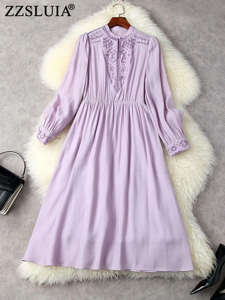 

ZZSLUIA Vintage Midi Dresses For Women Embroidery Hollow Out Designer Solid Slim Elegant Dress Fashion Long Sleeve One Piece