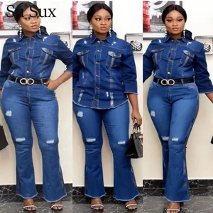 Костюм джинсовый женский повседневный, комплект из двух предметов, топ с рукавом до локтя и расклешенные брюки, осень 2020