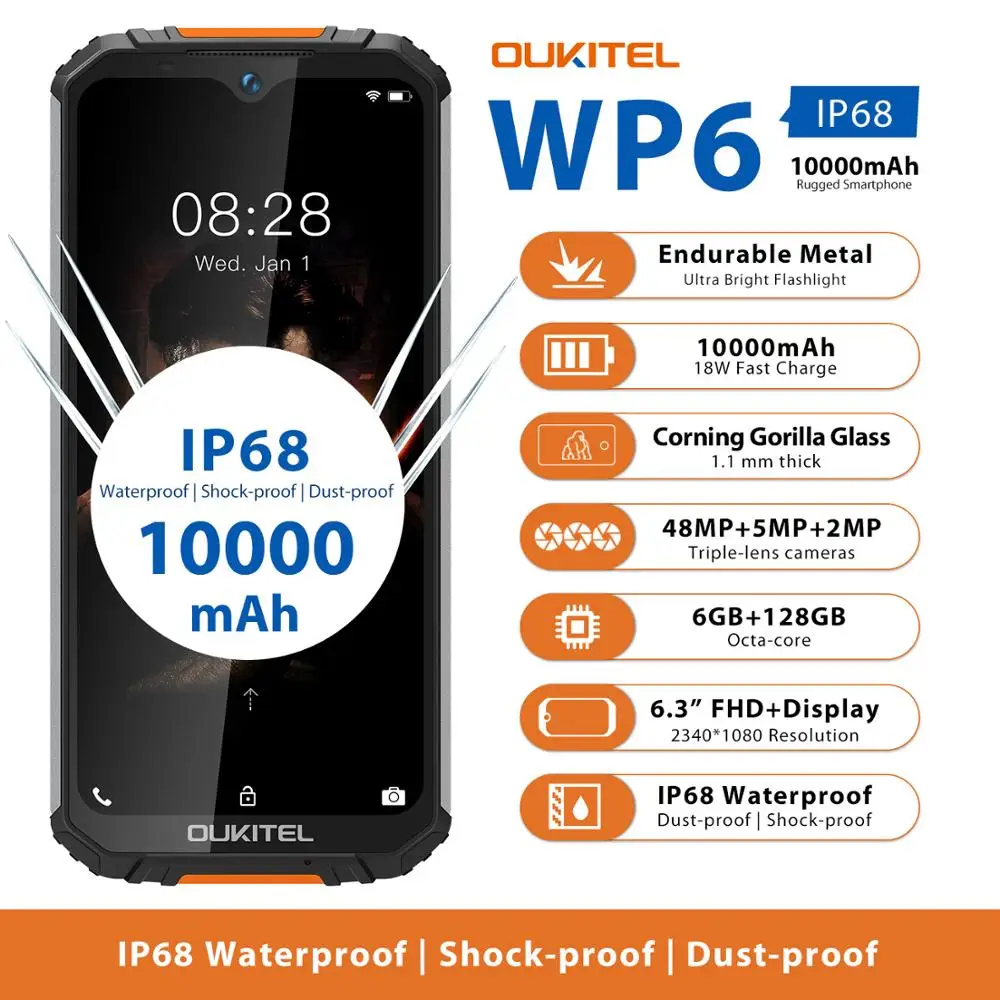 

OUKITEL WP6 Ip68 Octa Core Rugged Waterproof Smartphone 6GB 128GB Mobile Phone 9V/2A 10000mAh Battery 48MP Triple Camera