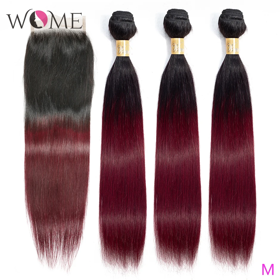 Женские пучки человеческих волос Ombre с закрытием предварительно цветные 1b/99j