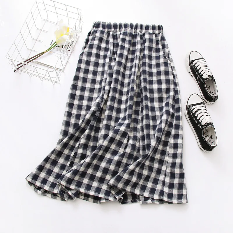 

New Spring Summer Plaid Skirts Women Art Preppy Style High Waist Elastic Cotton Linen Long Skirt Female Casual Chic Loose Saias