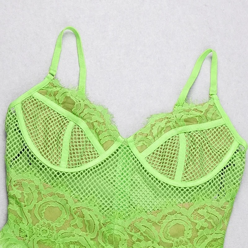 VC All Free Shipping 2020 Summer Hot Lace Fish Net Patchwork Spaghetti Strap V Neck Bandage Green Slip Swimsuit Bodysuit | Женская