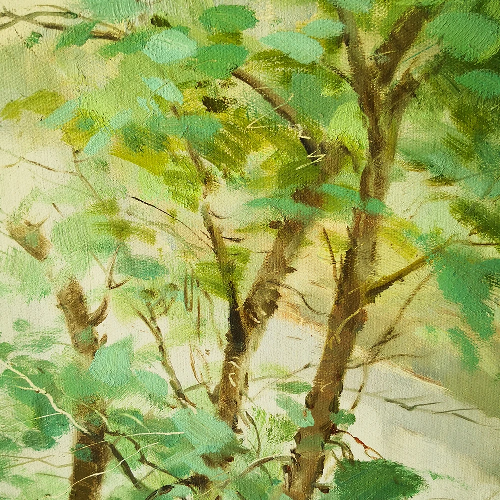 

Early spring scenery trees river village boat Handpaint Oil Painting for Decoration
