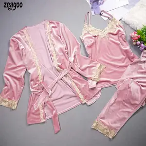 Женщины случайные v-образным вырезом с длинным рукавом кружева лоскутное пижамы набор с поясом