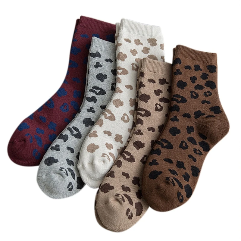 

5 Pairs Women Girls Novelty Cotton Crew Socks Spotted Leopard Animal Pattern Printed Terry Thick Warm Vintage Mid Tube Hosiery