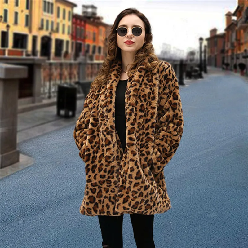

Женская одежда, куртка, кардиган с леопардовым принтом, зимнее пальто из искусственного меха, роскошное теплое плюшевое пальто, модное мехо...