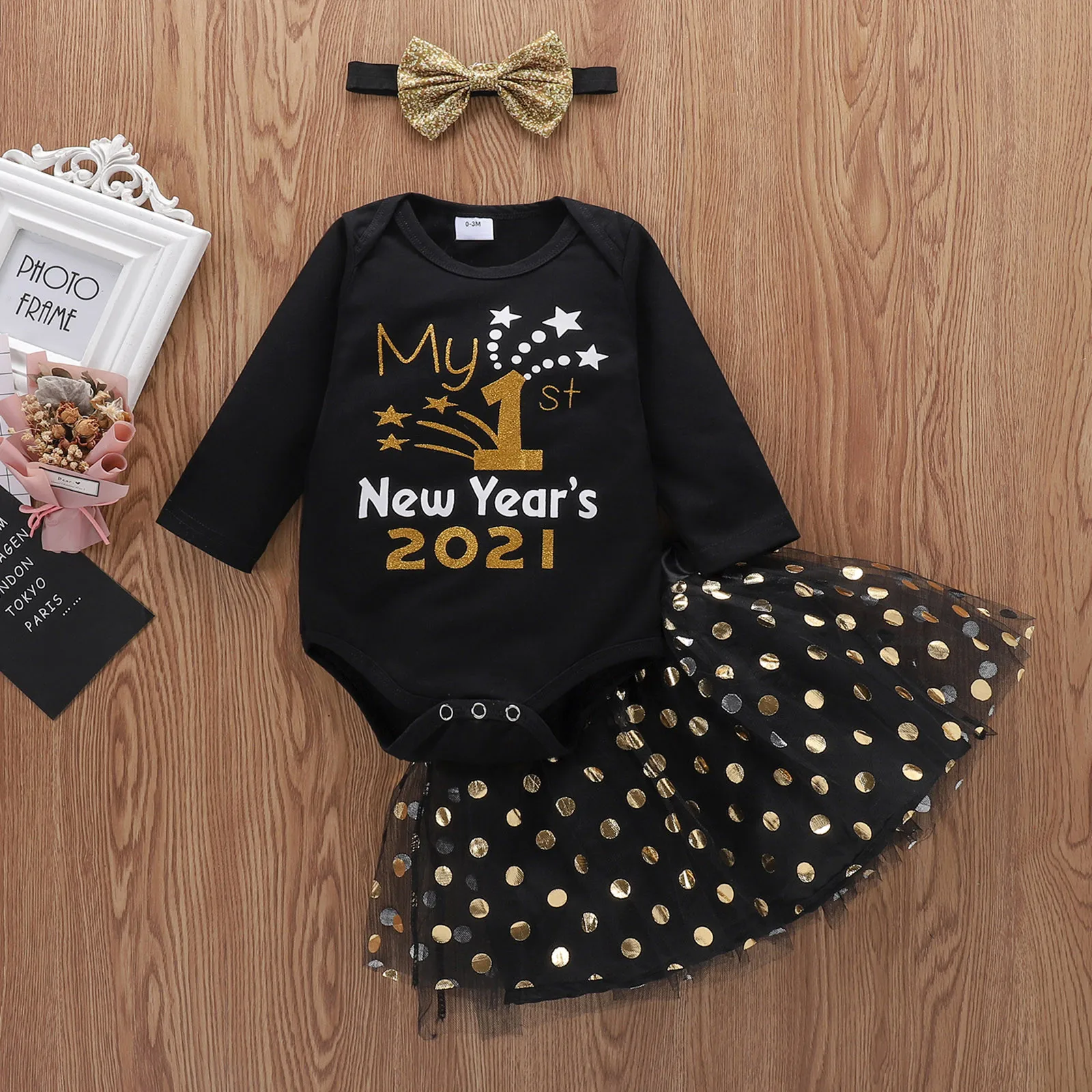 0M-24M Newborn Infant Baby Girls Letter Print Romper Black Tutu Skirt Headbands New Years Outfits Romper Baby Clothes Set