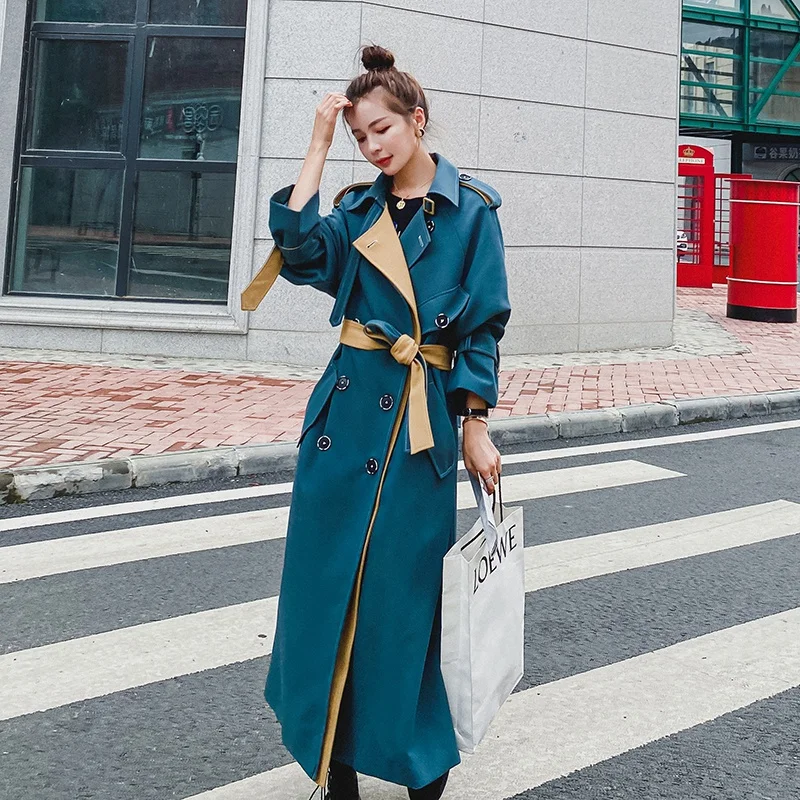

2021 Winter Women French Turn Down Collar Ladies Patchwork Windbreaker Femme Full Sleeve Double-Breasted Long Trench Coats