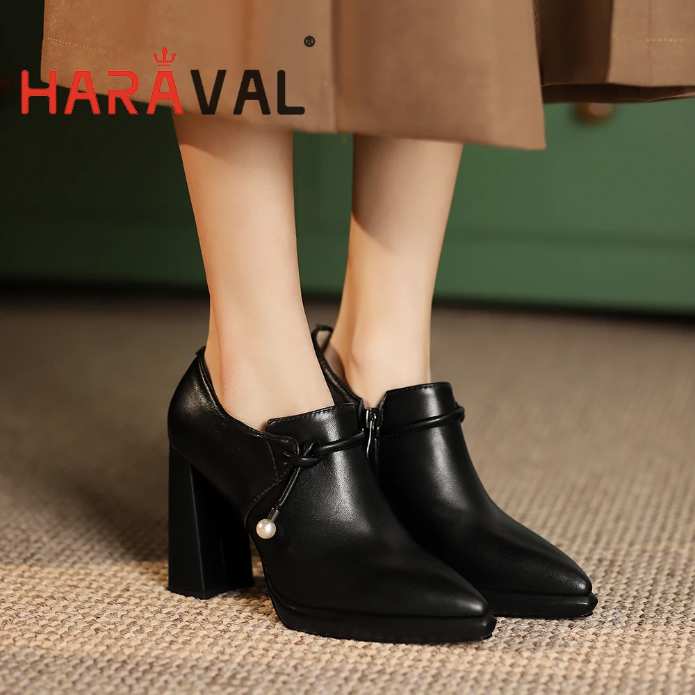 

HARAVAL Women Thick High Heels Pumps Black Pointed Toe Lace Up Genuine Leather Lady Casual Elegant Footwear Solid Handmade A94