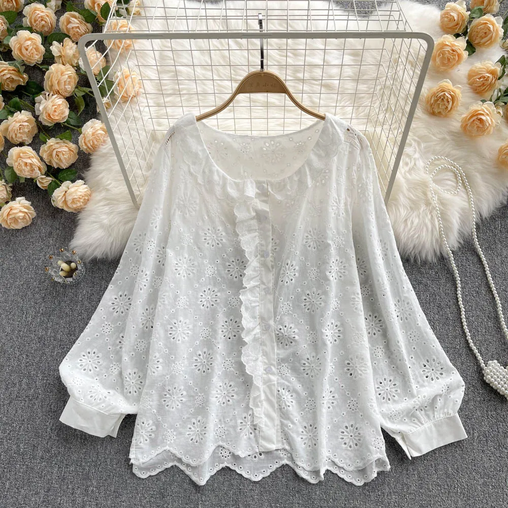 

C631 Women New Fashion Autumn Round Neck Sweet White Shirt Embroidery Hollow Loose Top Mujer Long Sleeve Blouse Clothes