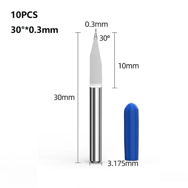 

10pcs Carbide PCB Engraving Bits Milling Cutter Tools 10°/15°/20°/25°/30° ×0.3mm For Color Plates Acrylic PVC Hardwood