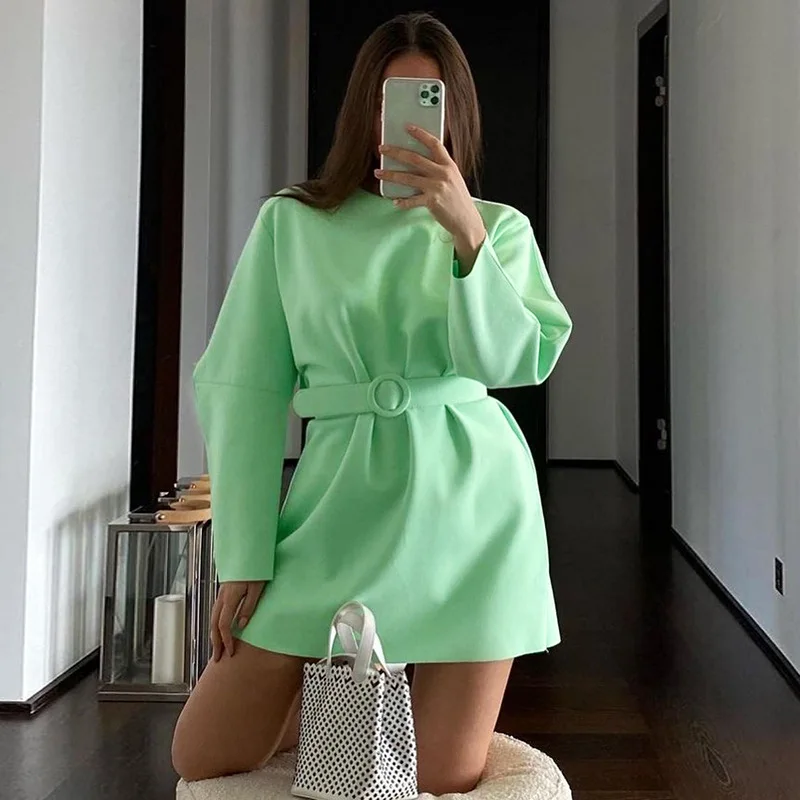 

2021 Autumn Elegant Women Long Sleeve Solid Color Dress O-Neck Sashes Mini Dress Office Lady Loose Work Club Party Vestidos