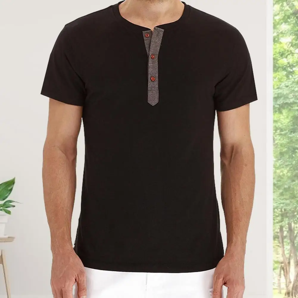 Футболка Henley мужская с коротким рукавом льняная тенниска на пуговицах модный