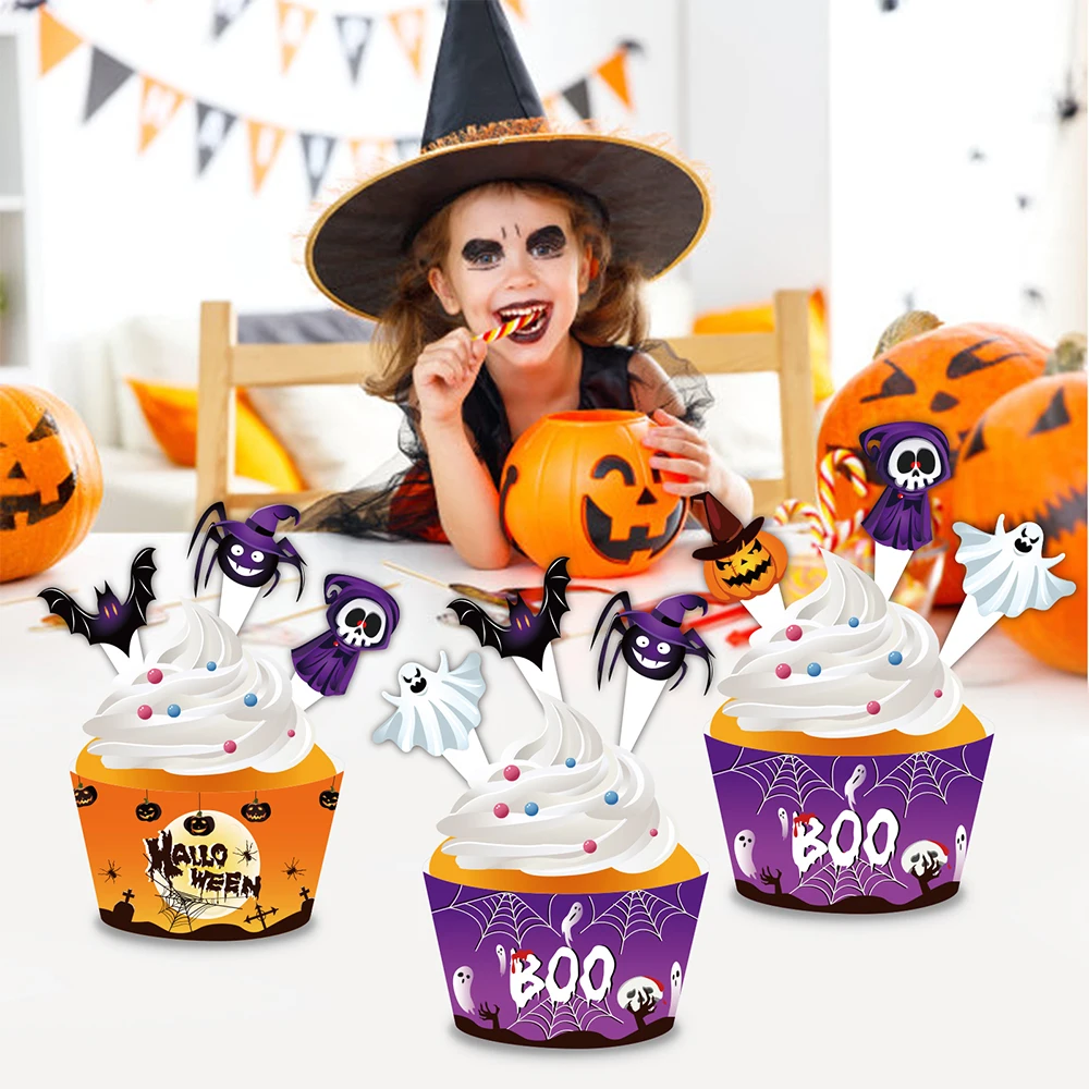 

Purple Ghost Witch Happy Halloween BOO Party DIY Cupcake Festival Birthday Party Decorating Cake Toppers and Wrapper Borders Set