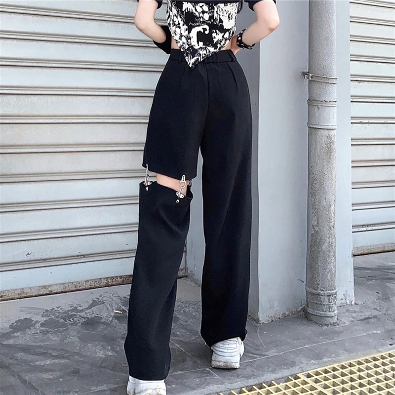 

SHENGPALAE Fashion Trousers Women's Summer 2021 New High Waist Hollow Out Chain Straight Loose Solid Color Pants Female Tide