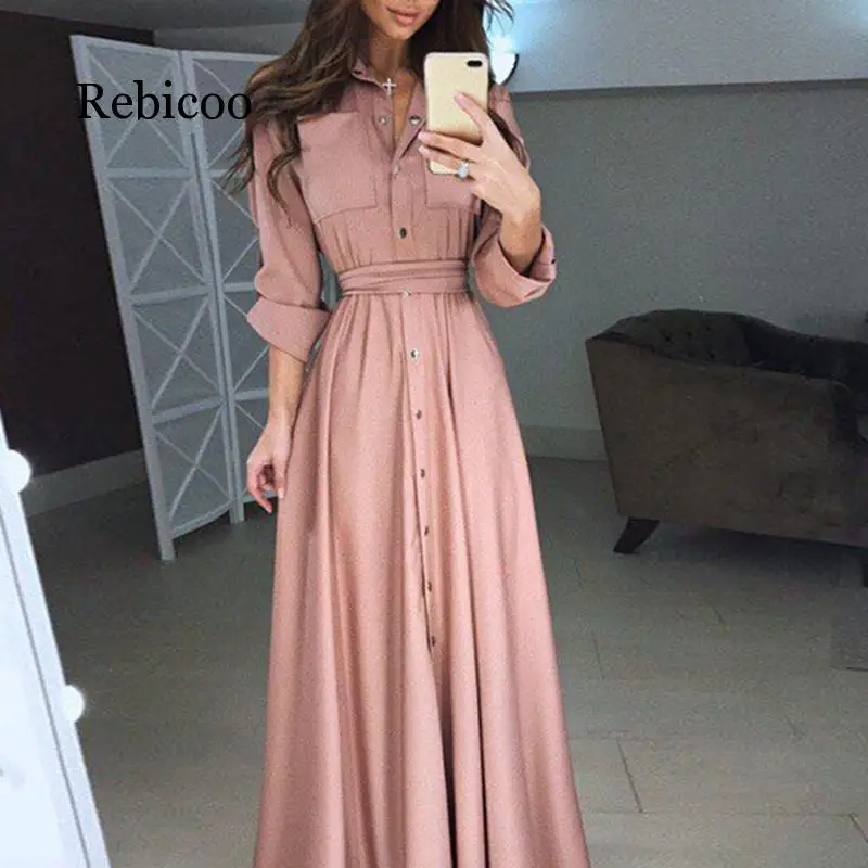 

Elegant Women's Fashion Long Sleeve Bandage Maxi Shirt Women's Single Breasted Button Dress