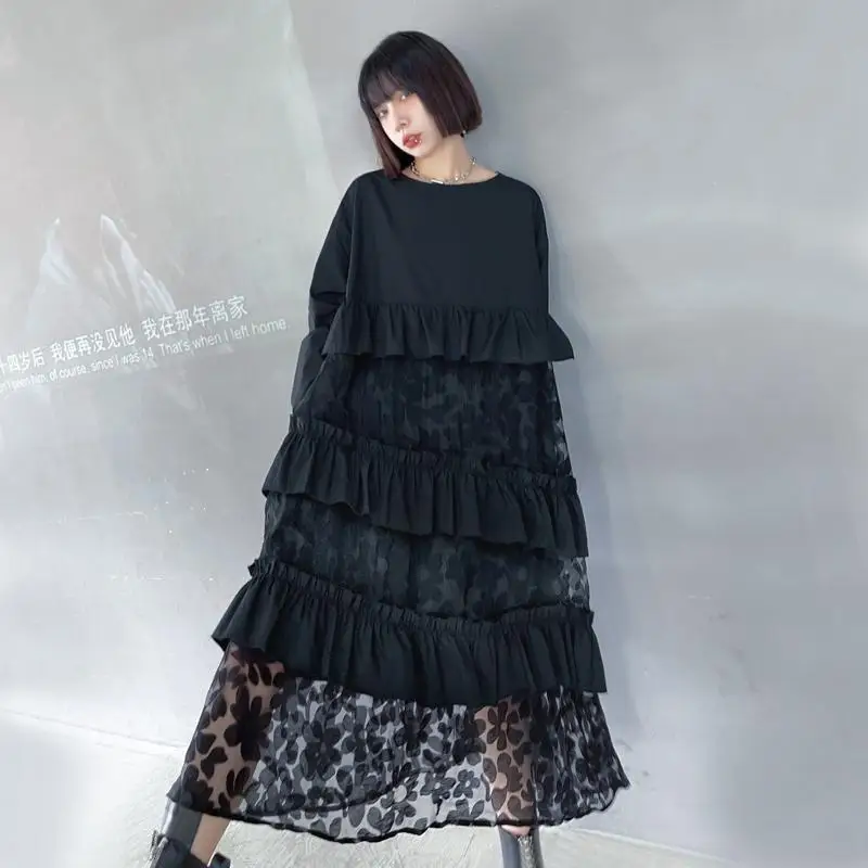 

VANOVICH 2022 Spring and Autumn New Korean Style Oversized Sweet Dress O-neck Fashion Mesh Patchwork Temperament Cake Dress