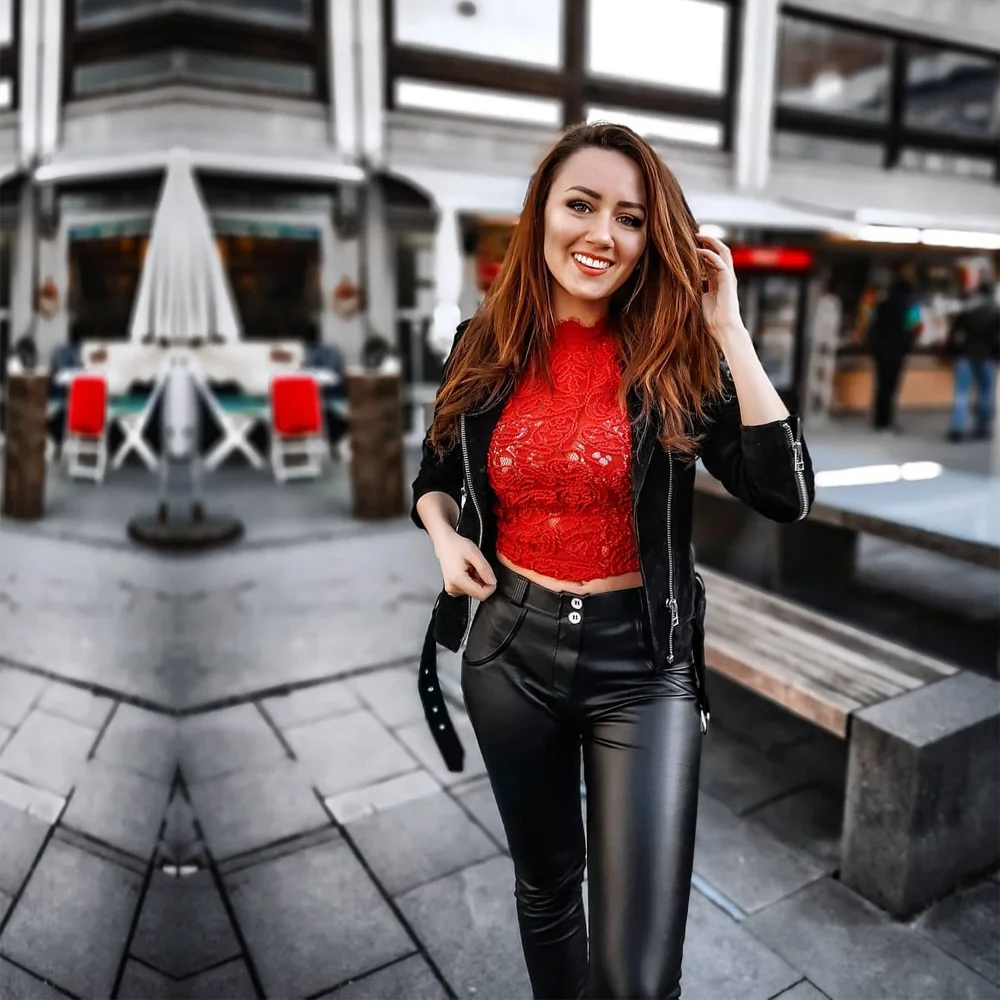 

NEW Melody Women's Sweatpants Mid Rise Winter Pu Leather Pants Women Shining Super Skinny Faux Leather Trousers Warm Fleece