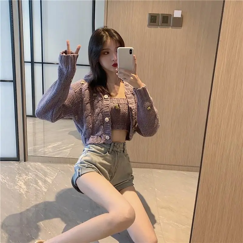2019 Autumn Solid Knitted Cardigan Casual Lantern Sleeve Two Pieces Sweaters Single-Breasted Short Sweater Jacket |