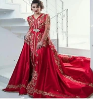luxury red and gold morocco kaftan formal evening dress appliques lace long sleeves turkey arabic dubai satin prom party gowns
