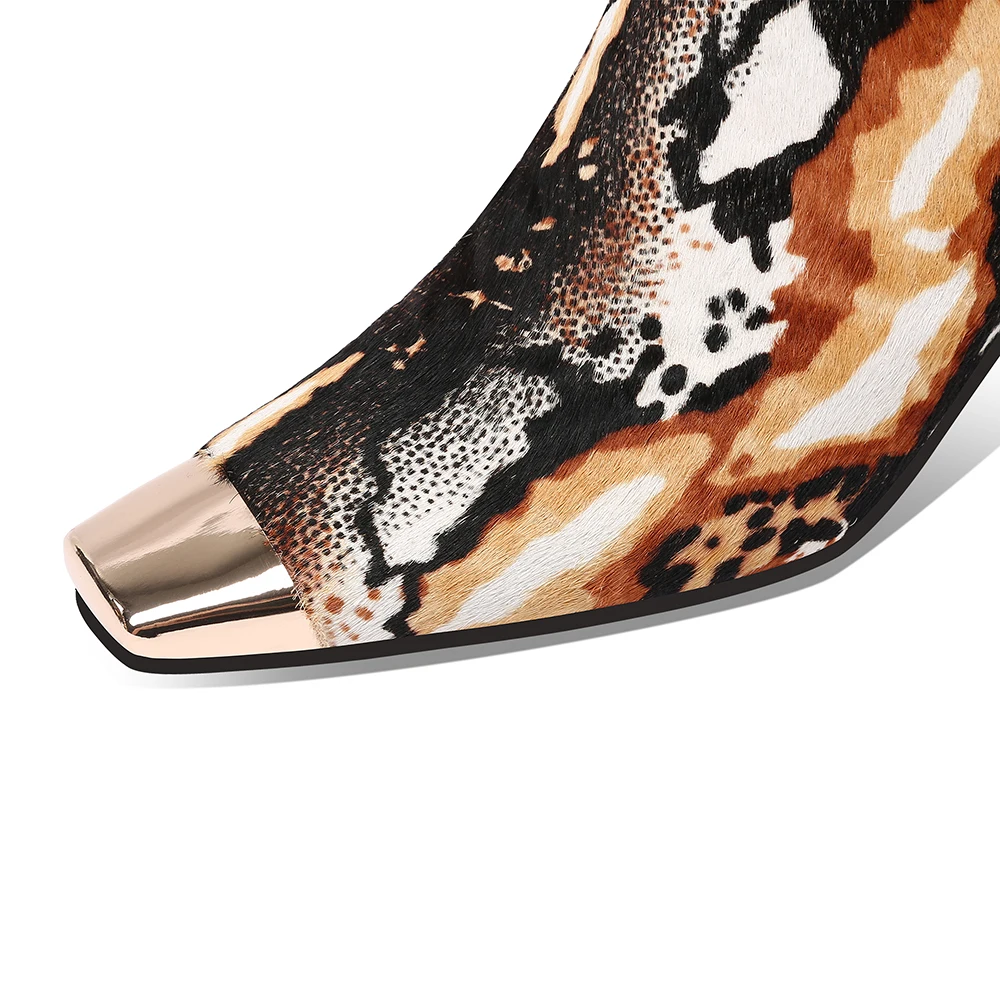 

Aliona Shoo Snake print metal high heels sexy ankle boots for women horse hair square metal toe stiletto sexy bare boots botas