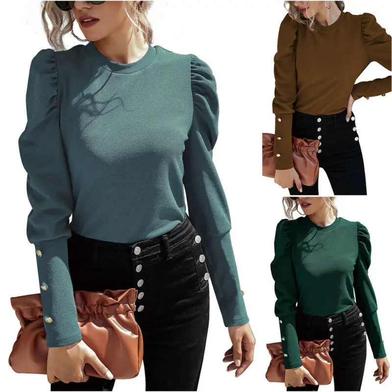 

Women Elegant Fall Crew Neck Long Sleeve Solid T Shirt Casual Blouse Loose Tunic Basic Tops