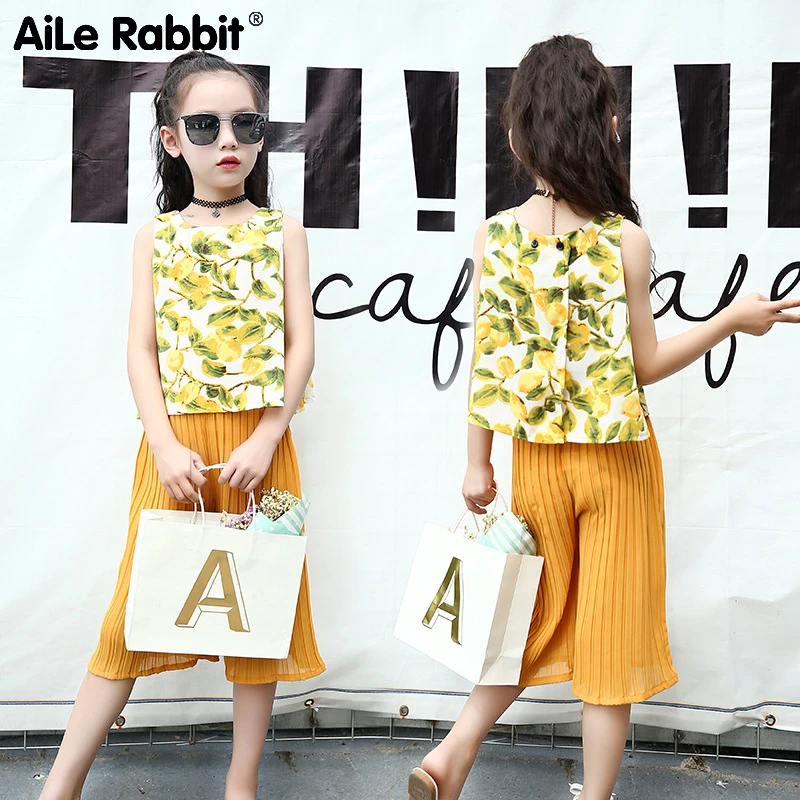 

Модный шифоновый комплект для девочек, Летний жилет без рукавов с лимонами, топ и штаны, комплект из 2 предметов, детская одежда для девочек в...