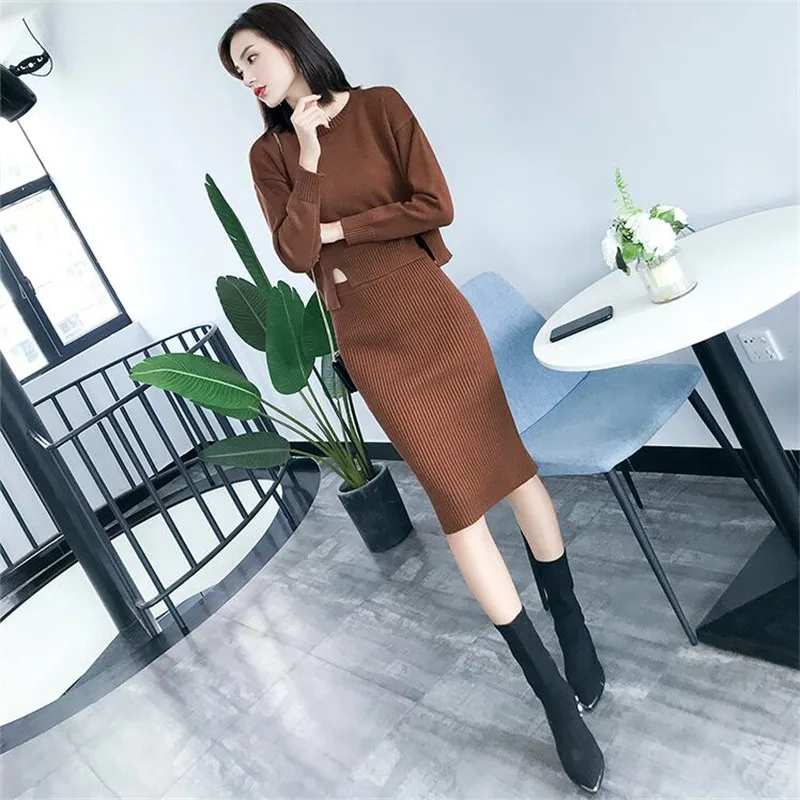 2021 осенне-зимний новый вязаный костюм женский однотонный модный свитер с