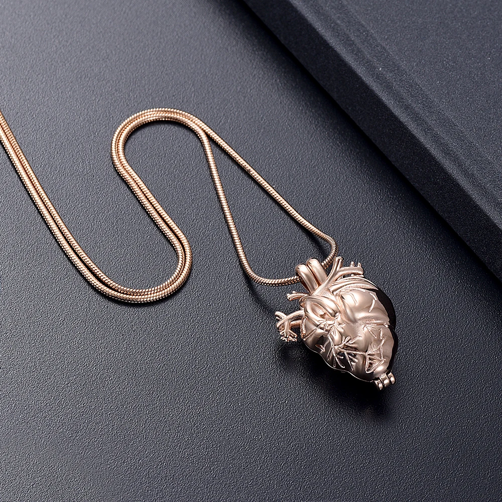

IJD10000 Rose Color Stainless Steel Anatomical Heart Necklace Cremation Organ Pendant Urn for Memorial
