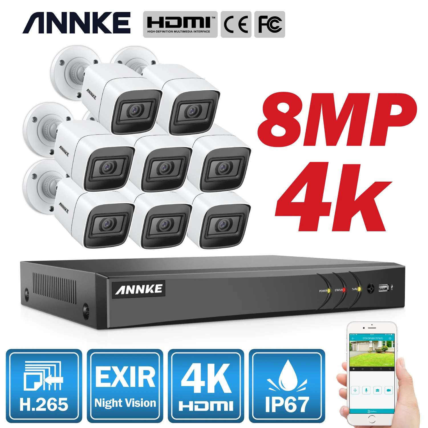 Система видеонаблюдения ANNKE 4K FHD, 8 каналов, H.265, 4K, DVR, 4X, 8X, 8MP, ИК наружные Всепогодные Камеры видеонаблюдения, комплект - изображение