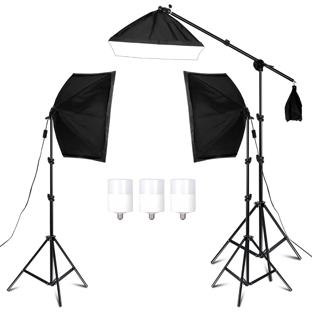 3PCS 50x70CM Softbox 20W 45W 135W Lights With Cross Arm for Photograph Photo Studio Photographic Bulbs Continuous Lighting Kit