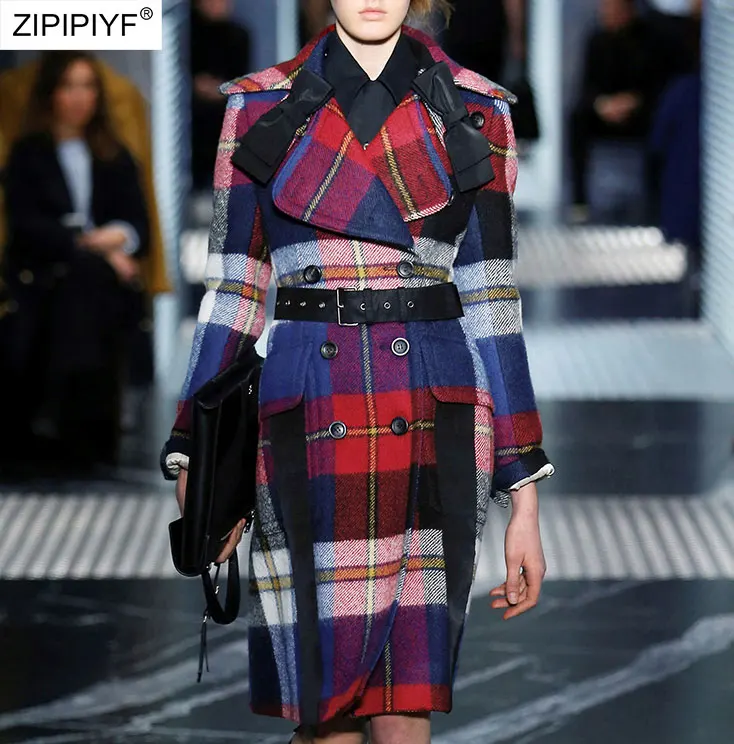 

2021 Summer Runway Fashion Double Breasted Long Sleeve Turn Down Neck Belt Design Plaid Pattern Woolen Trench Coats Z204