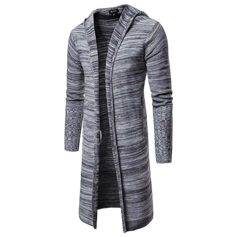 Gray Мужской однотонный вязаный Тренч с капюшоном, куртка, кардиган, верхняя одежда с длинным рукавом, блуза, верхняя одежда, стеганый пуховик с капюшоном, зимнее пальто - Цвет: Gray