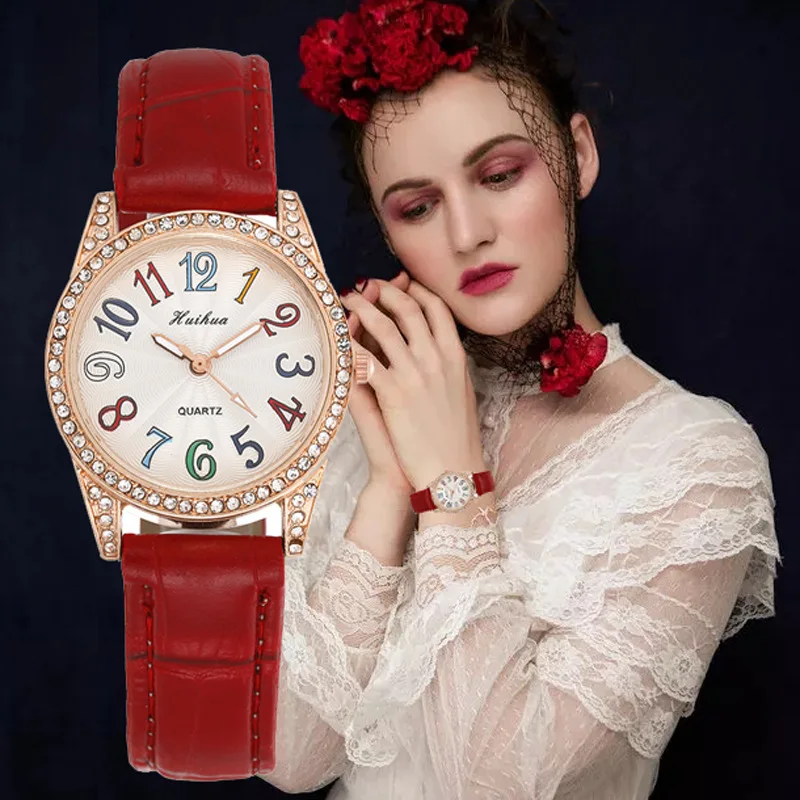 

Ladies Diamond-Studded Luminous Retro Female Watch Leather Belt Quartz Watch Women Simplicity Casual Decoration Wristwatches