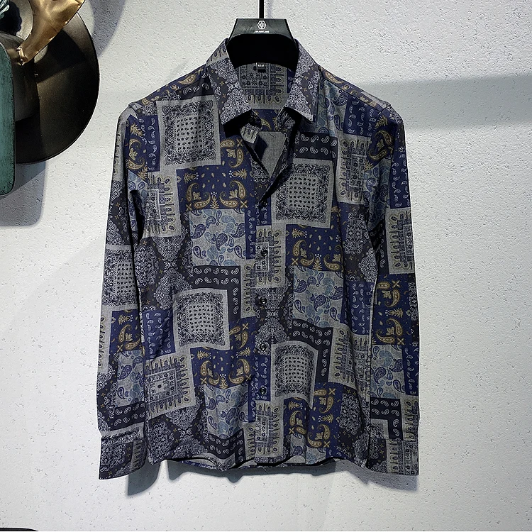 

Style Vintage Ethnic Print Men Shirts Casual Slim Fit Shirt Long Sleeve Business Dress Tops Social Party Blouse Chemise Homme