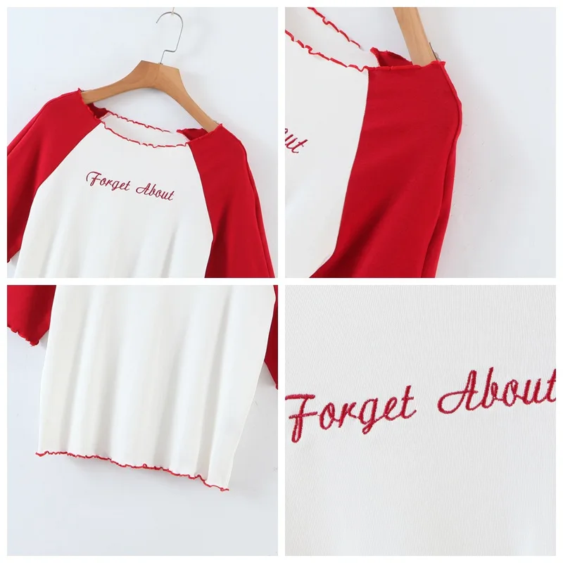 

Summer 2021 Women's T-Shirt Short Tees Ladies Clothes Ruffles Raglan Sleeve Color Contrast O Neck Plus Size Tops N8024