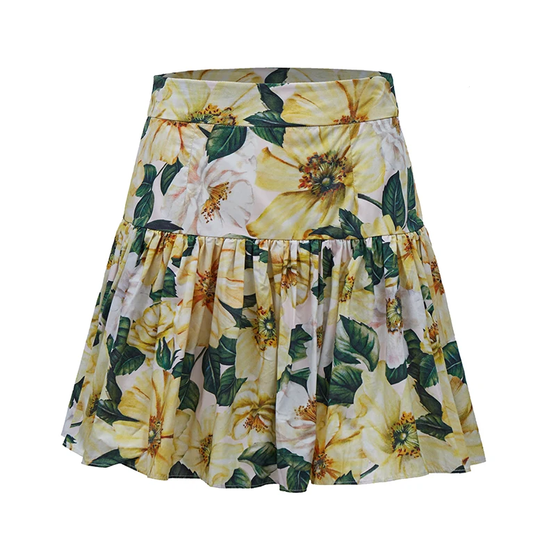 

Summer Runway Fashion Skirt Women Customize Plus Size 3XS-10XL High Waist Vintage Camellia Flower Print Yellow Mini Skirts
